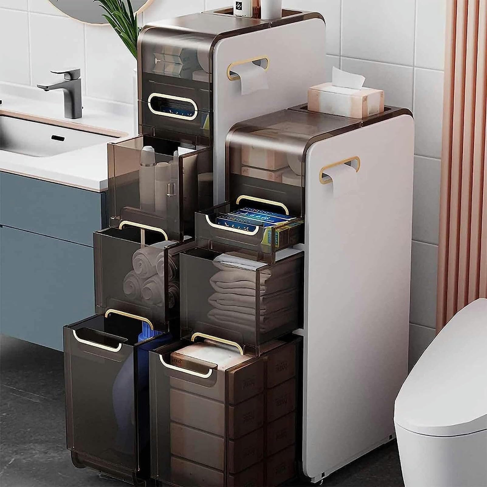 Organizador de piso para baño Delgado en Forma de Torre con cajones transparentes de Gran capacidad y portarrollos, unidad de almacenamiento Vertical para artículos esenc