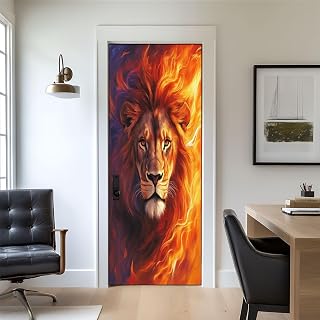 Door Stickers Peel and Stick Door Decal Lion Fire Burning Flame Animal Flames Eyes Fur Fiery Painting Removable Mural Wallpaper 30.3''x78.7'' Wall Murals for Kitchen Living Room Bedroom