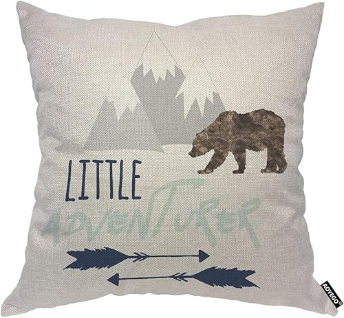AOYEGO Little Adventurer - Funda de almohada decorativa de viaje con diseño de oso y flecha de montaña, animales salvajes, naturaleza, bosque, 18 x