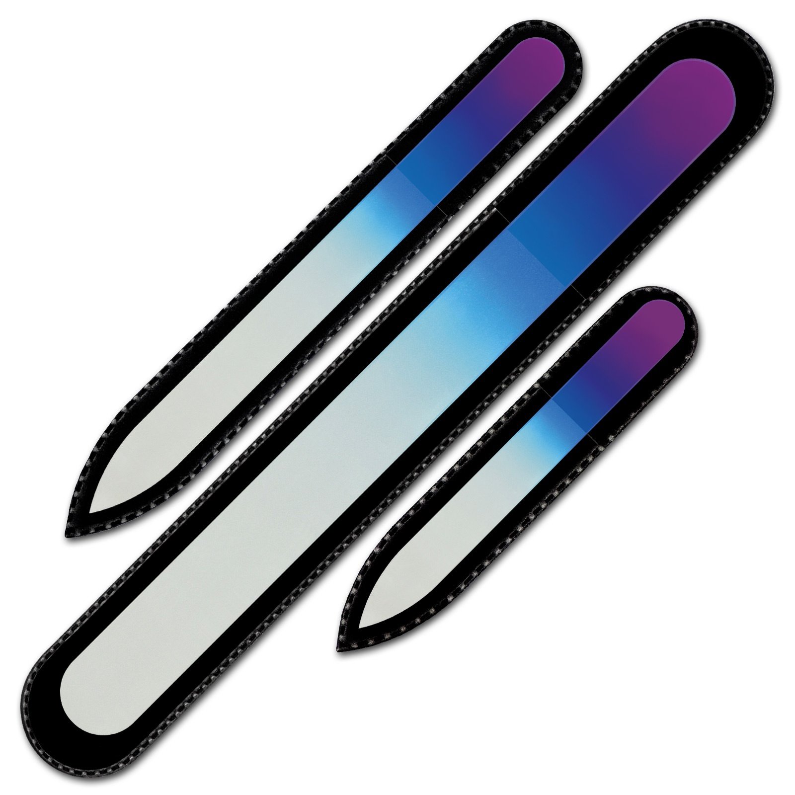 Magenta Blue : Set of 3 Crystal Nail Files in Velvet Pouch, Rainbow Colors, Genuine Czech Tempered Glass, Lifetime Guaranty, Hand Made in Czech Republic