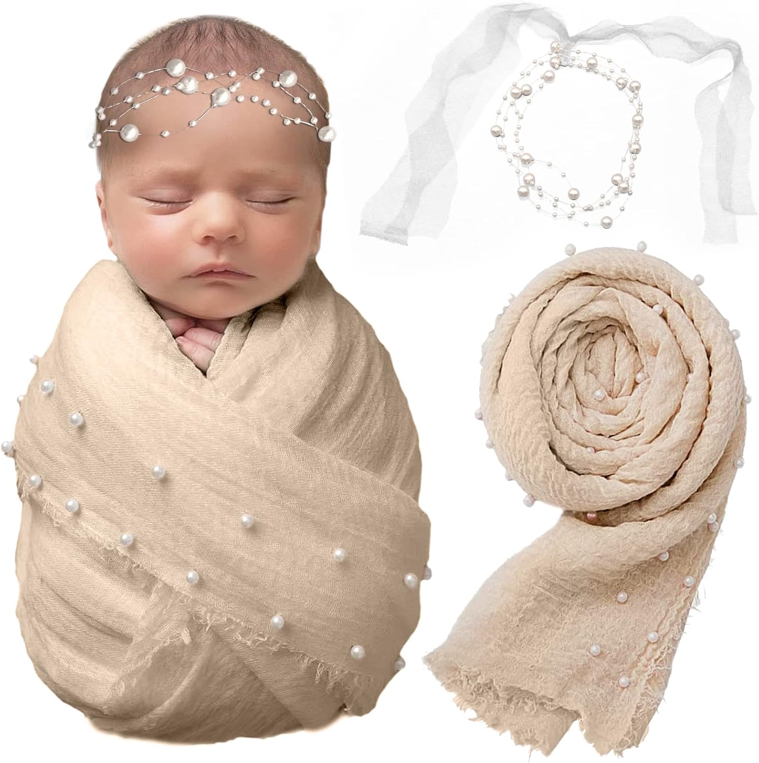 SPOKKI 2 PCS Baby Props Photography Wrap Kit, Newborn Photography Props, Handmade Pearl Wrap Blanket for Baby Photo Props with Pearl Headband, 35.5 X 67 inch Newborn Outfits for Photography (Beige) SPOKKI 2 PCS Baby Props Photography Wrap Kit, Newborn Photography Props, Handmade Pearl Wrap Blanket for Baby Photo Props with Pearl Headband, 35.5 X 67 inch Newborn Outfits for Photography (Beige)