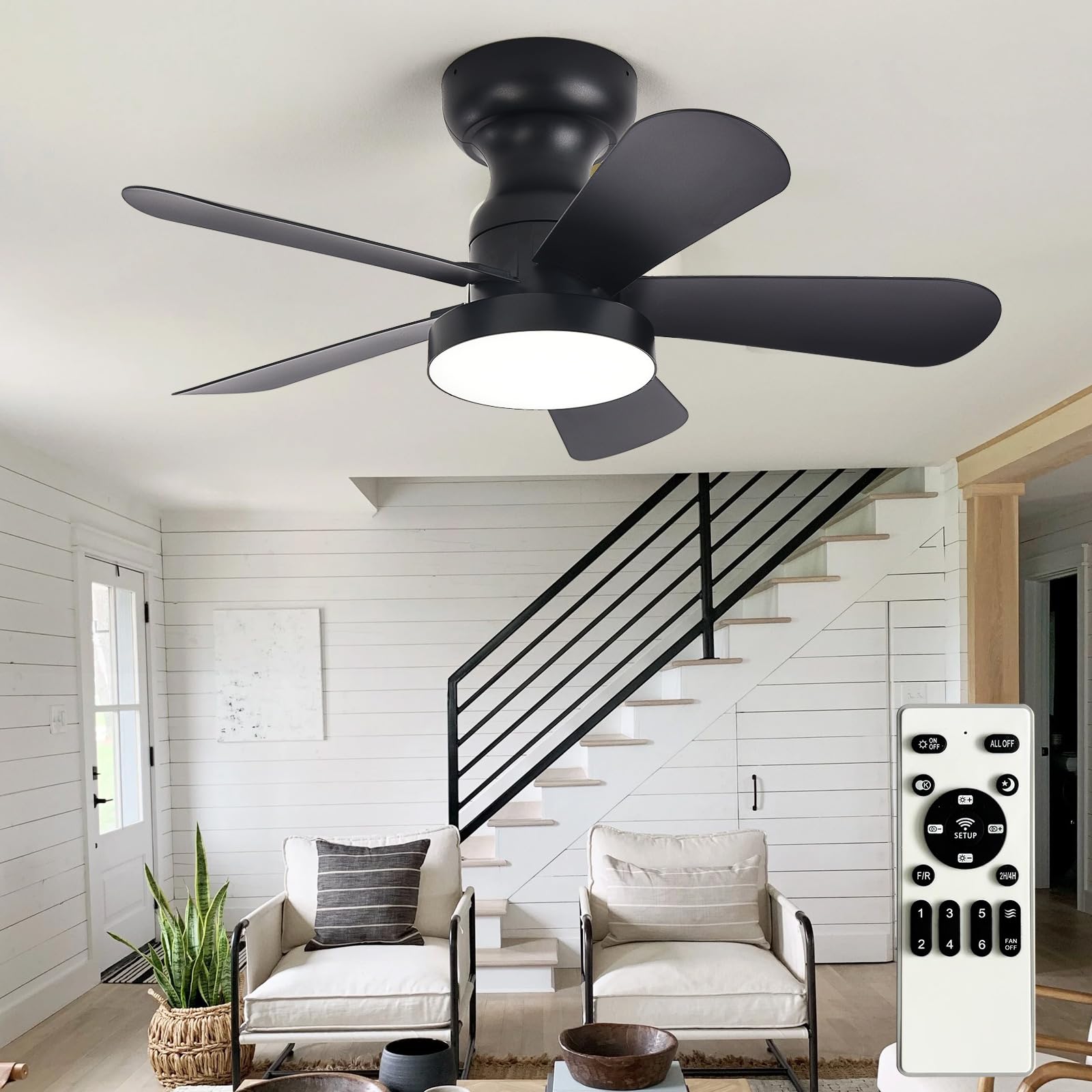Depuley Black Ceiling Fan with Lights: 28-Inch Flush Mount Fan with Light and Remote - Low Profile Ceiling Fans Reversible Quiet DC Motor for Bedroom Living Room Indoor Outdoor