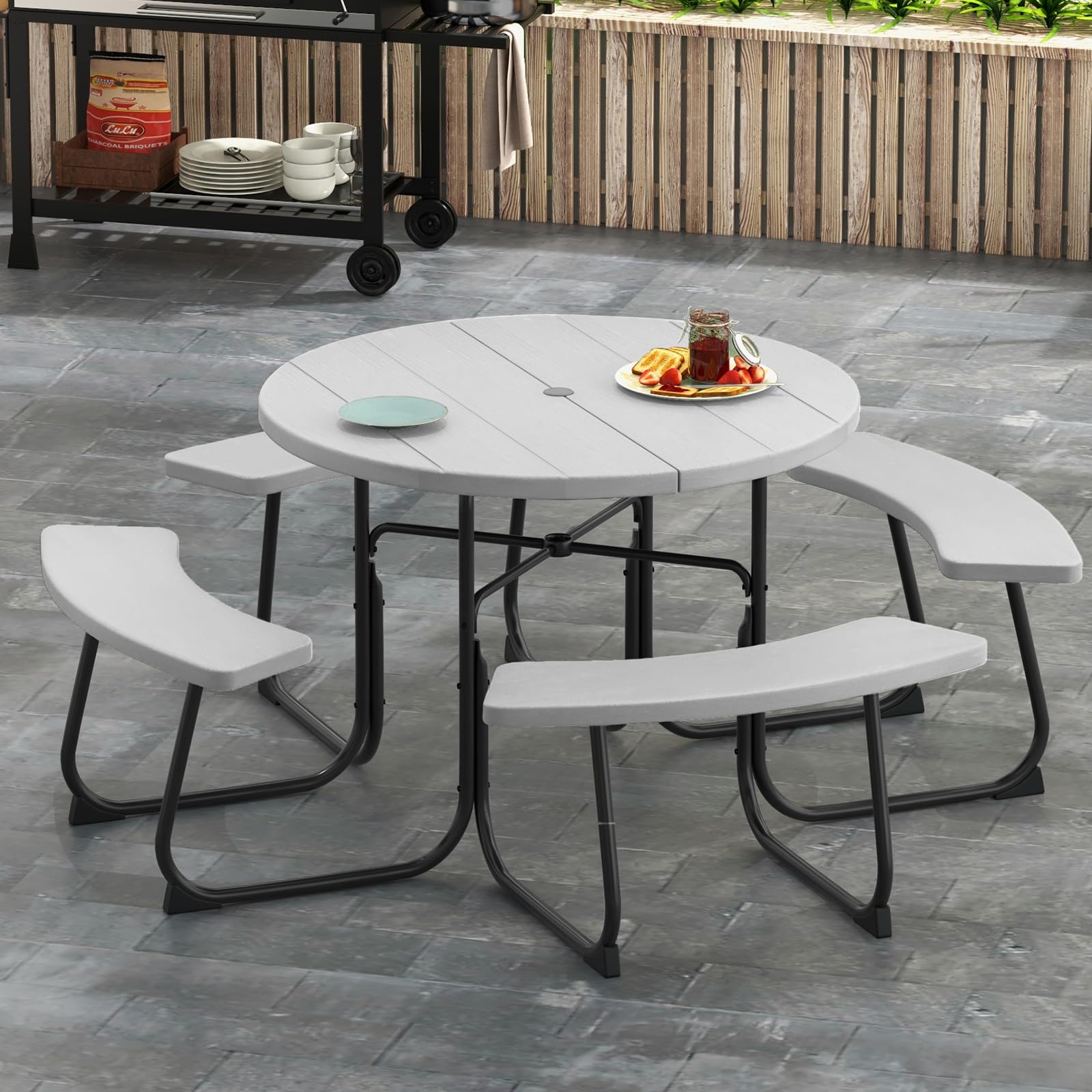 GIANTEX Ensemble de meubles de jardin pour 8 personnes, table de jardin ronde avec 4 bancs, table à bière avec trou pour parasol, salon de jardin résistant aux intempéries en polyéthylène haute