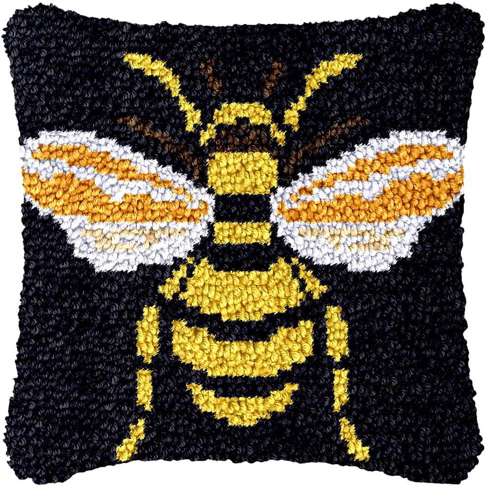 Black and Yellow Bee DIY Latch Hook Pillow Kit for Adults Throw Pillow Cover with Printed Canvas Crochet Yarn Needle Craft Easy Handmade Cushion for Home Sofa Decoration 43x43cm2