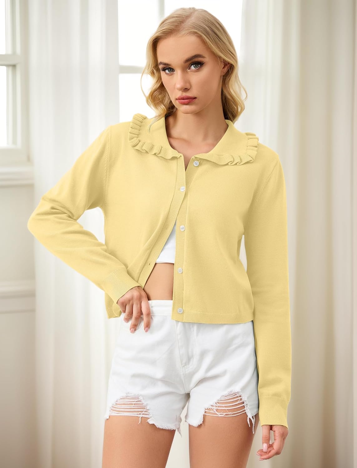 MISSACTIVER Women Ruffle Collar Cropped Cardigan Casual Lapel Button Down Sweaters Long Sleeve Open Front Knit Jacket - Image 2