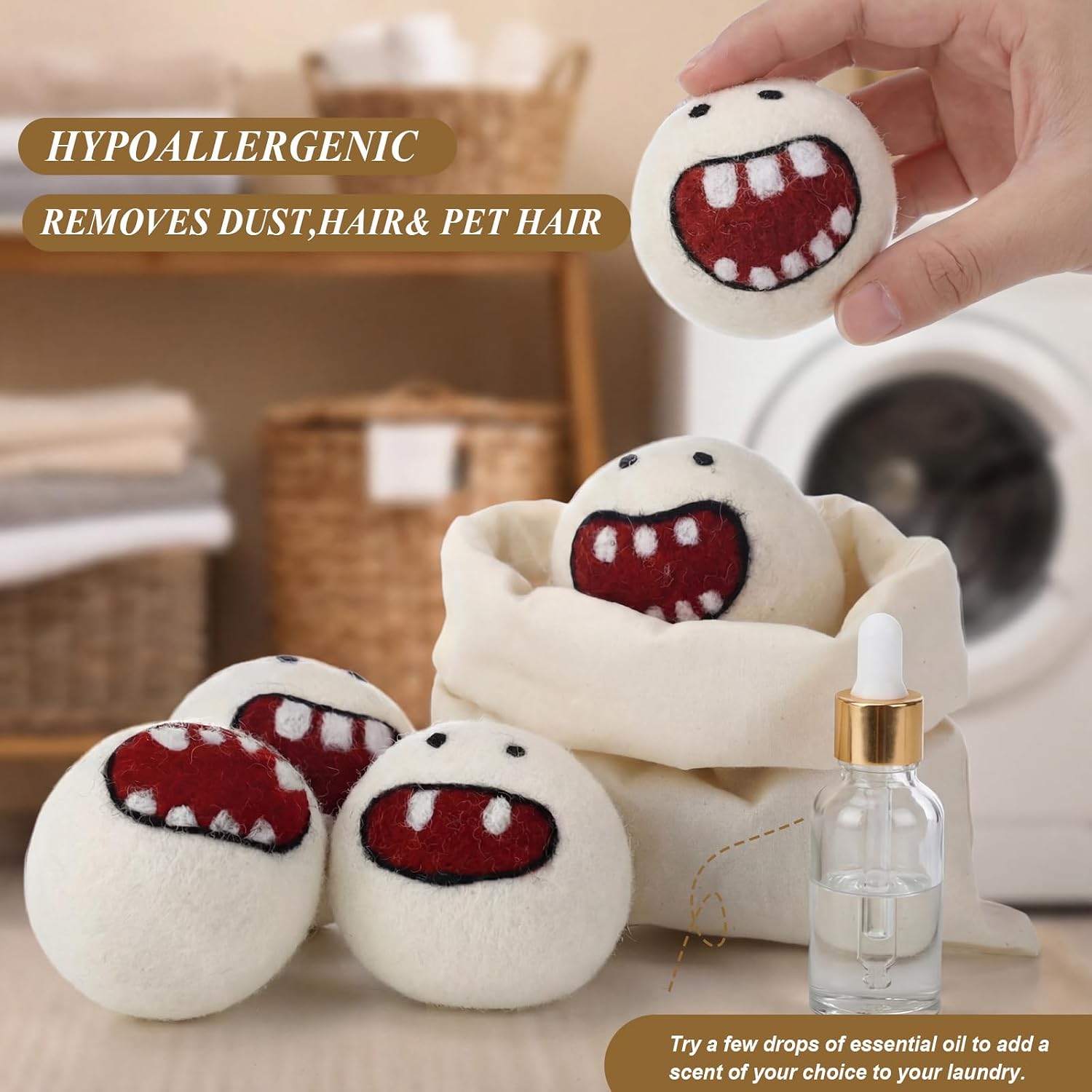 Soulchen 6 Pack Reusable Wool Dryer Balls with Cute Design, Laundry Accessories for Efficient Drying Soften Laundry Reduce Wrinkles Static Pet Hair Remover(Monster)