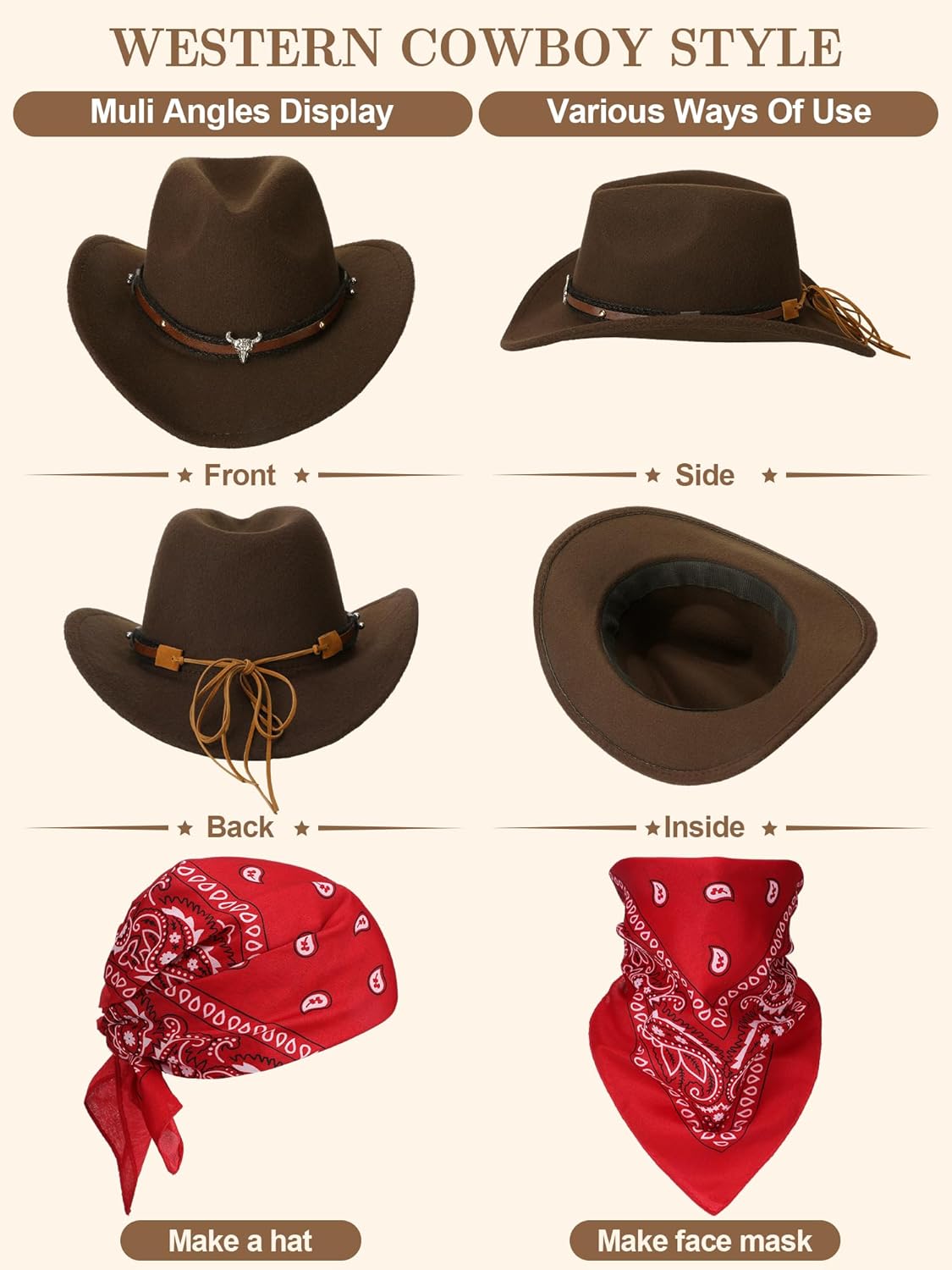 Toulite 4 Pcs Western Cowboy Accessories for Men Cowboy Hat Leather Rodeo Leather Necktie Cow Horn Belt Buckle Paisley Bandana for Western Outfit Halloween Cosplay - Image 3