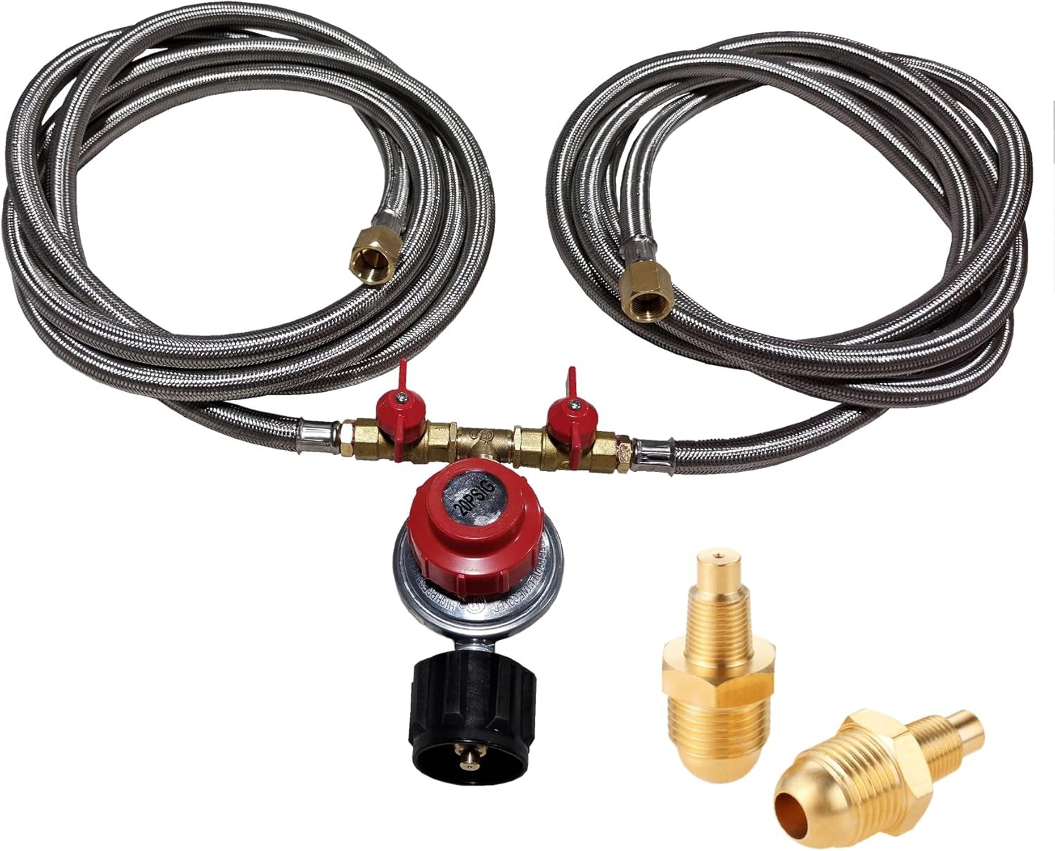 MCAMPAS 0-20 Psi Adjustable Propane Regulator with Hose. 8 Feet Y Splitter Double Braided Hose with 1/8" MNPT Pipe Fitting for Double Propane Outdoor Burner, Turkey Fryer, Cooker