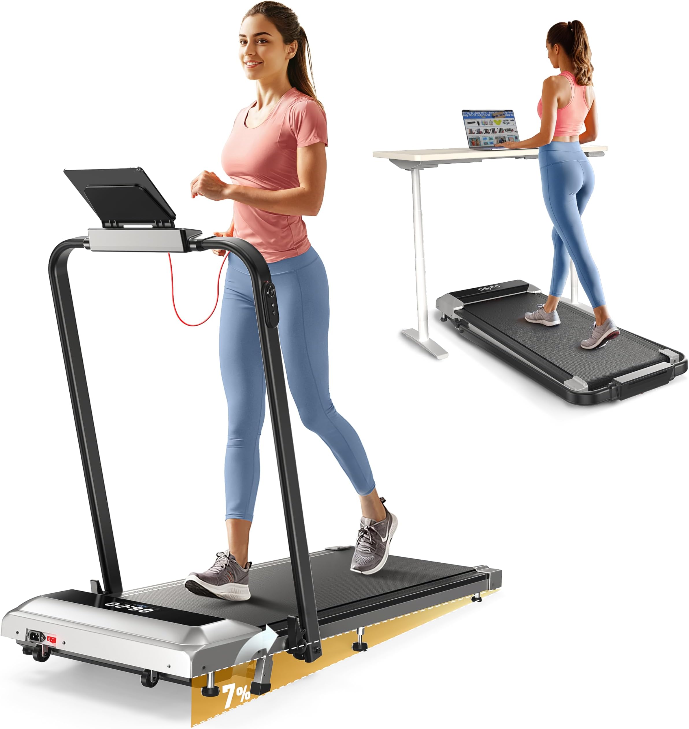 TOPUTUREWalking Pad Under Desk Treadmill With Incline and Handle Bar, 2 in 1 Folding for Home/Office, Portable Compact With Remote Control, APP & LED Display, 300LBS Capacity