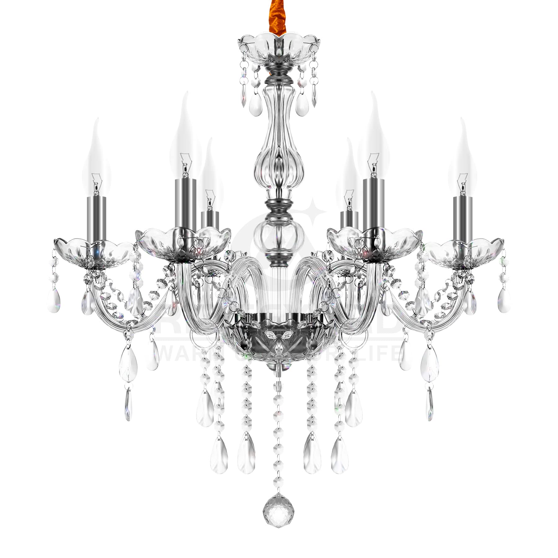 Ridgeyard Modern Luxurious Clear Crystal Chandelier Candle Pendant Lamp Ceiling Living Room Lighting for Dining Living Room Bedroom Hallway Entry (6 Lights)