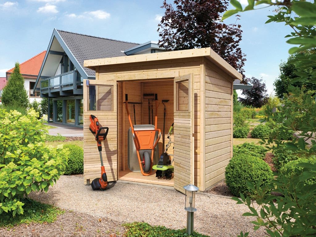 Karibu Gartenhaus | Gerätehaus mit 14 mm Wandstärke | Doppeltür mit Lichtausschnitten | Schuppen: 3,26 m² Grundfläche | Steck-/Schraubsystem | Naturbelassen | 240 x 175 x 220 cm