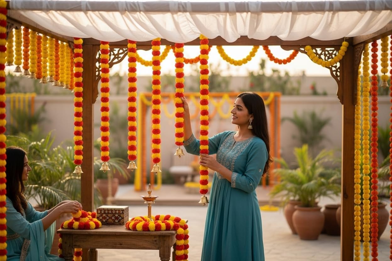 iHandikart Marigold Garland Artificial Fluffy Flower with Bell in The Bottom Used for Festival Decoration|Office Home Diwali Decoration, Colour Yellow & Dark Orange, Pack of 50 (31578)