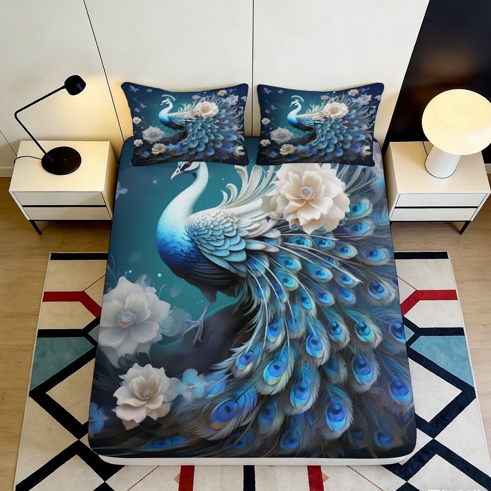 3D Printed Blue Peacock Fitted Sheet Microfiber Soft Floral Mattress Cover for Bedroom Guest Room Dorm Decor 90x200x25cm