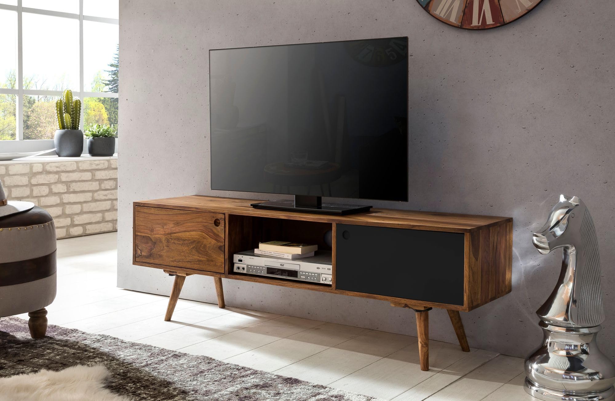 WOHNLING Meuble TV REPA 140x35x45 cm Bois Massif Sheesham, 2 Portes