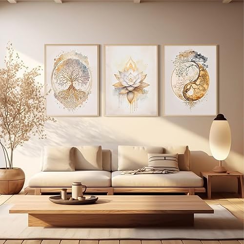 Miniatura 7 de Lhoiplme Arte de pared de árbol de la vida, lienzo de loto zen, decoración de pared para sala de yoga, pintura de arte espiritual de Yin Yang,