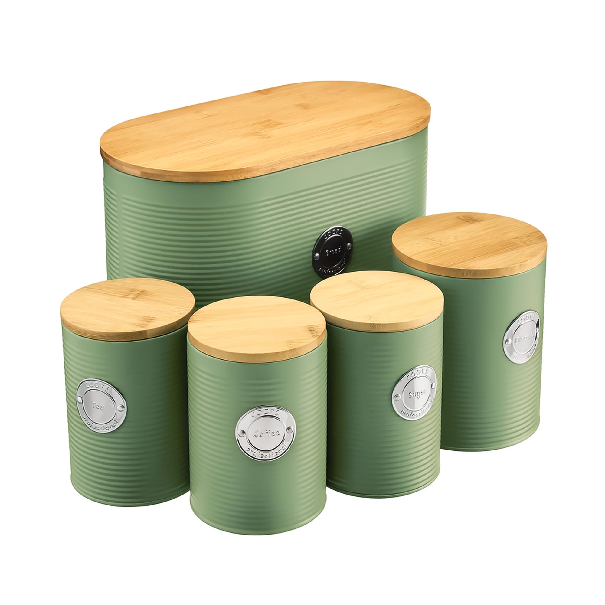 Cooks Professional 5 Piece Ribbed Tea Coffee Sugar Bread & Biscuit Cannisters with Air-Tight Bamboo Lids | Stainless Steel Kitchen Storage Bin Set | Modern & Stylish | Green & Silver