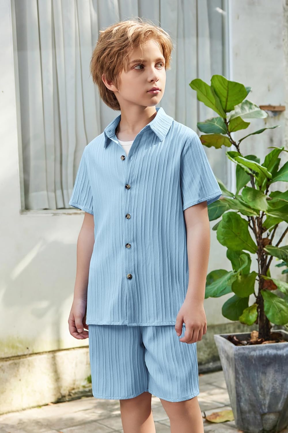 Arshiner Boy's Textured Button Up Shirt and Shorts Set 2 Piece Summer Beach Outfit for 5~12 Years Kids - Image 3