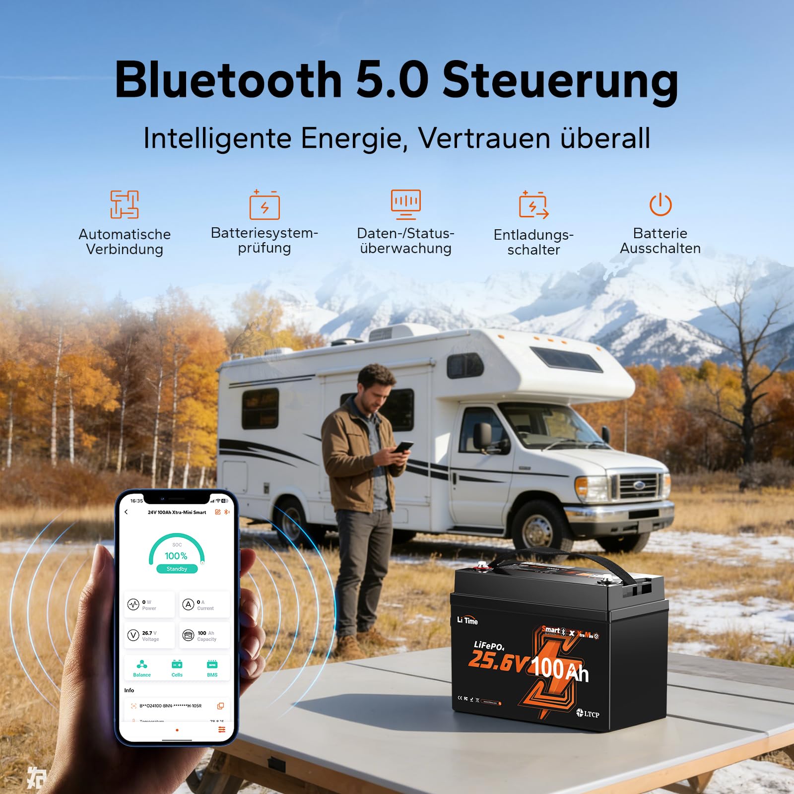 LiTime LiFePO4 24V 100Ah Xtra Mini Bluetooth Lithium Batterie für Wohnmobil | 2560Wh Stromspeicher mit 100A BMS, Max. 15000 Zyklus,Ideal für Heimspeichersysteme, Trolling Motor, Boot und Off-Grid Hütte