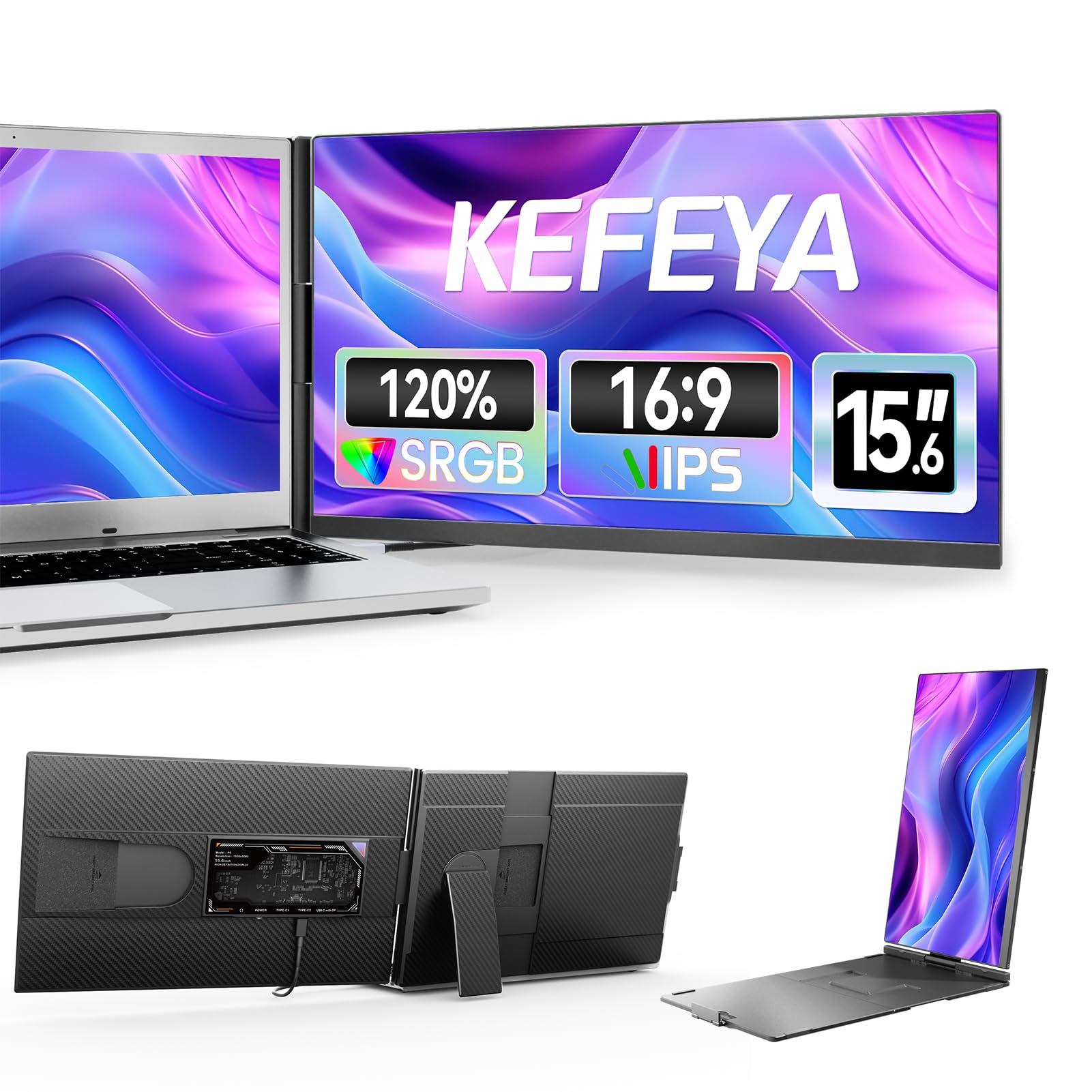 KEFEYA 15.6" Monitor Portatil para Todos Tamaños de Laptops 120% sRGB Pantalla Portati Desmontable Extensor Laptop Screen Extender Plug-Play Pantalla Portatil para Windows, Mac, Android