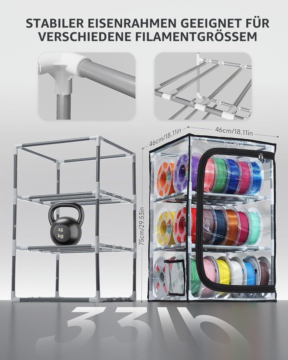 YOOPAI Filament Aufbewahrungsbox, 3-stöckiges Metall Regal mit transparenter Abdeckung & Trockenmittel – Für 30 Rollen (PLA, ABS, PETG, TPU), luftdichtes Design, platzsparend für Werkstatt & Heim