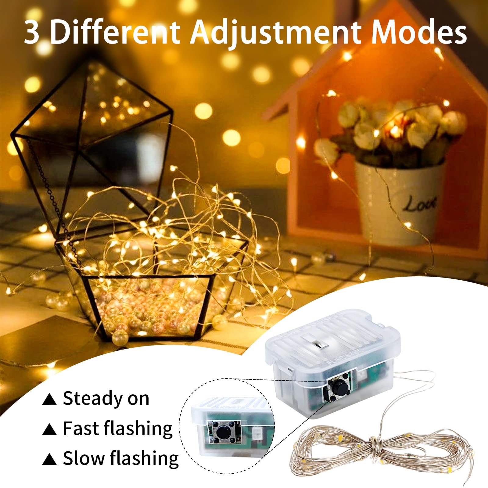 Lichterkette mit 20 LEDs, 3 Modi, batteriebetrieben, wasserdicht, Glühwürmchen, Sternenhimmel, für Einmachglas, Hochzeit, Geburtstag, Party, Tischdekoration, Schlafzimmer, Weihnachten, Warmweiß