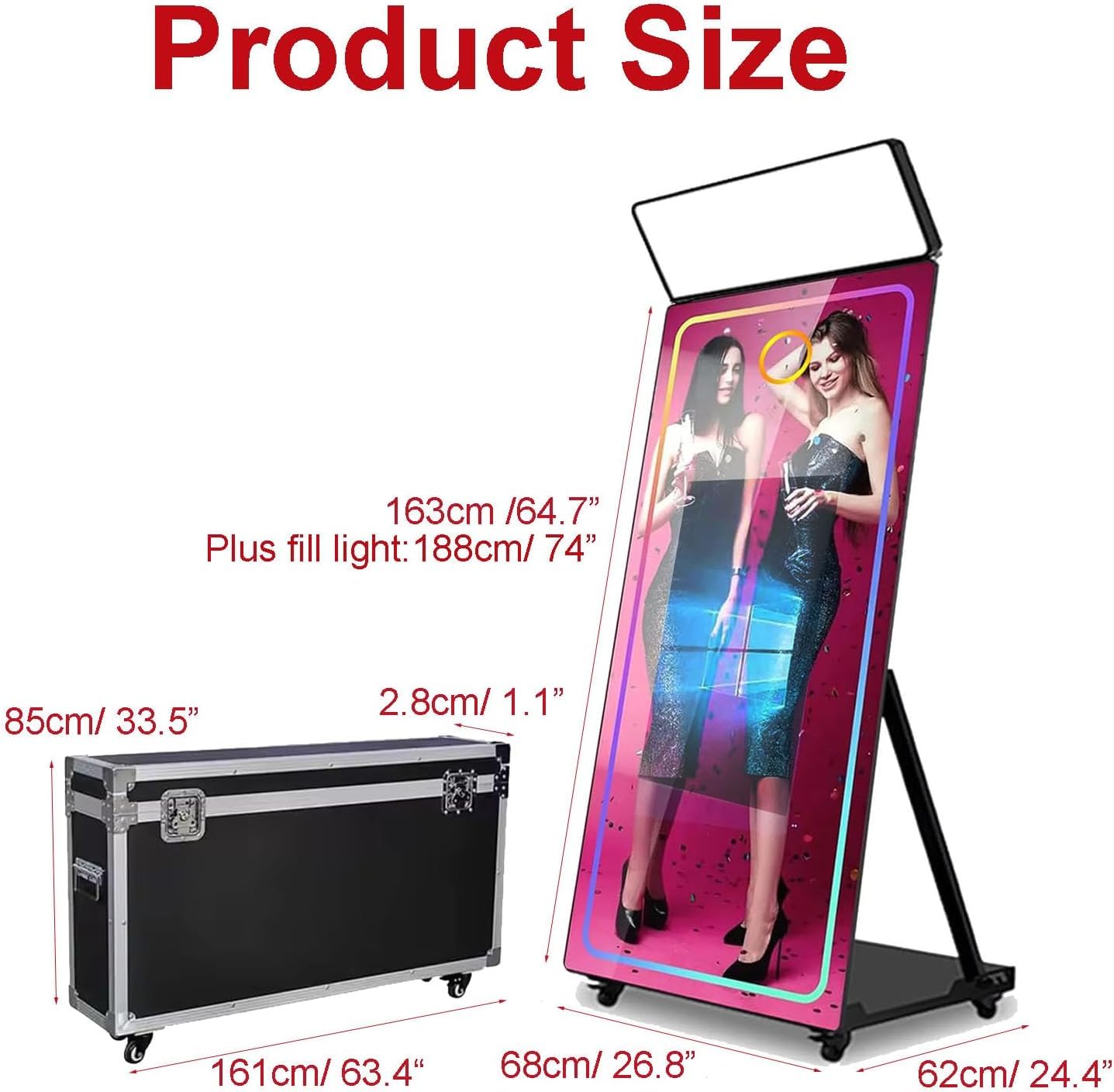 Magic Mirror Photo Booth 109.2 cm ekran dotykowy, aparat do fotobudki DSLR z kwadratowym światłem do selfie, ramka RGB, wbudowany mini PC, natychmiastowy druk na imprezy weselne (109 cm kompletny
