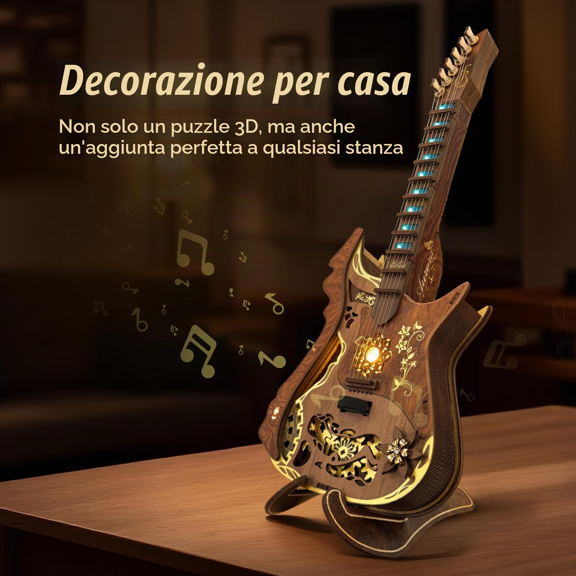 FUNPOLA Puzzle 3D in legno chitarra accordi LED Kit – Modello di chitarra acustica suonabile con luci LED, puzzle meccanico musicale fai-da-te per adulti e ragazzi
