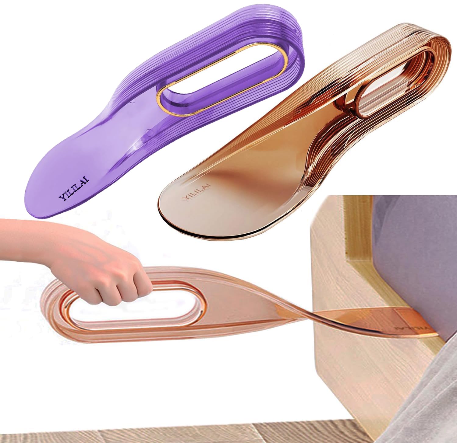 2PCS Bed Sheet Tucker Tool, Bed Maker Tool Helper, Mattress Lifter Wedge for Changing Sheets, Tuck Bed Skirts Easy, for Changing Fitted and Flat Sheets and Duvets, Relieves Back Pain (Purple+Brown)