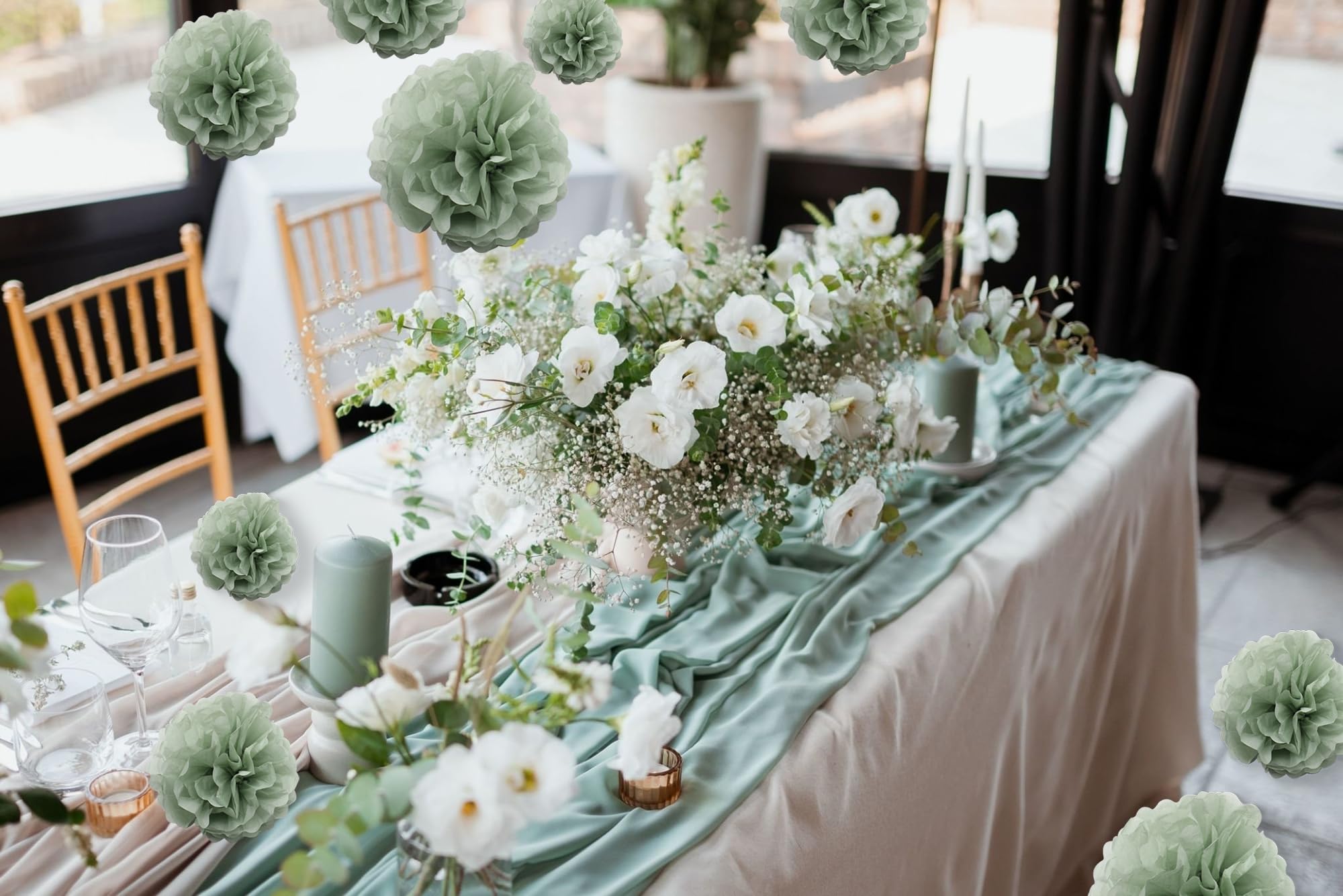 9PCS Dusty Sage Green Party Tissue Paper Pom Poms Flowers Boho Rustic Hanging Backdrop Décor for Birthday Wedding Baby Shower Neutral Botanical Greenery Nursery Wild Safari Party