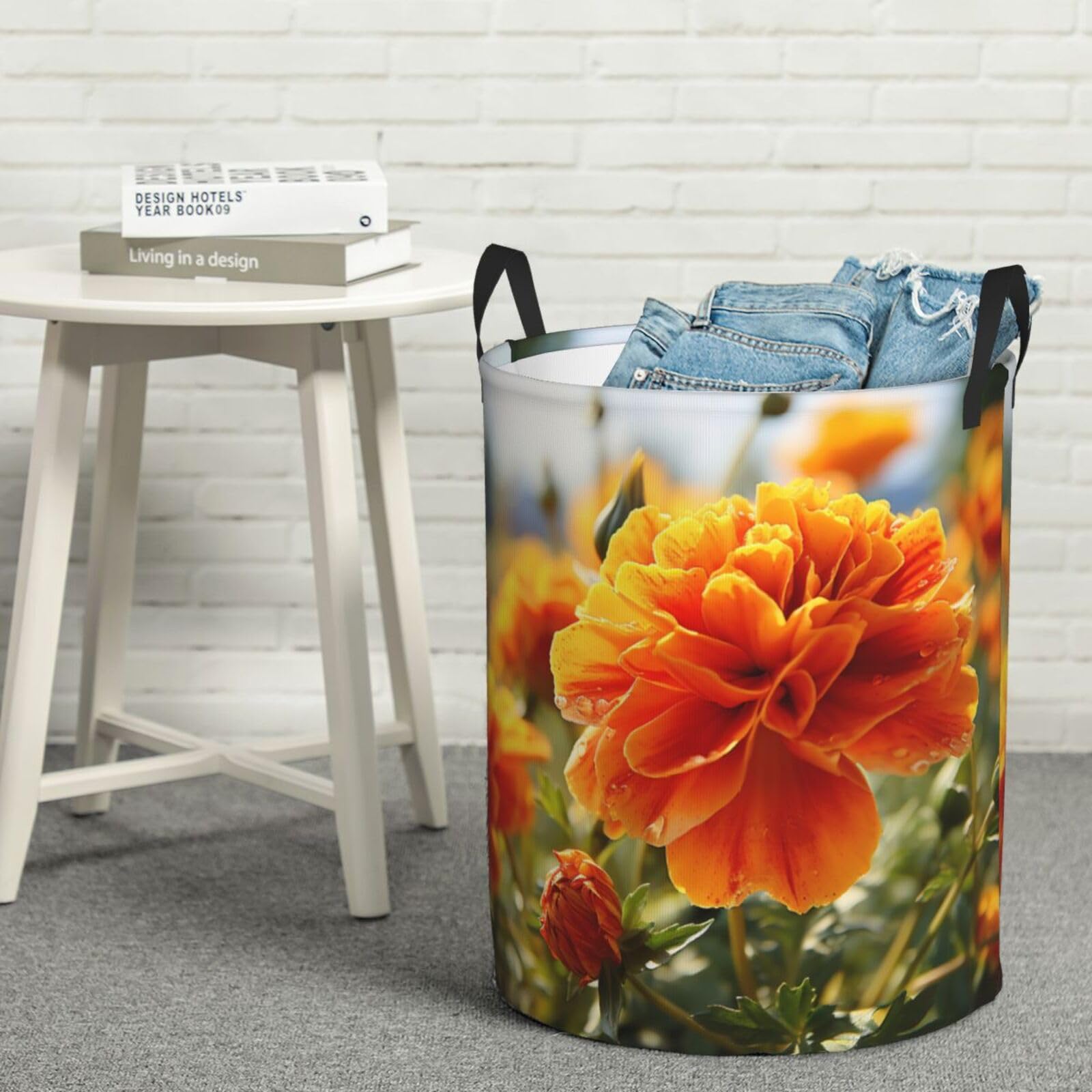 Fodpand Black Marigold Flower Autumn Flowers Laundry Basket With Handle, Freestanding Laundry Hamper, Collapsible Dirty Clothes Hamper, Blanket Storage Basket Tall Toy Storage Bin Room Decor Medium