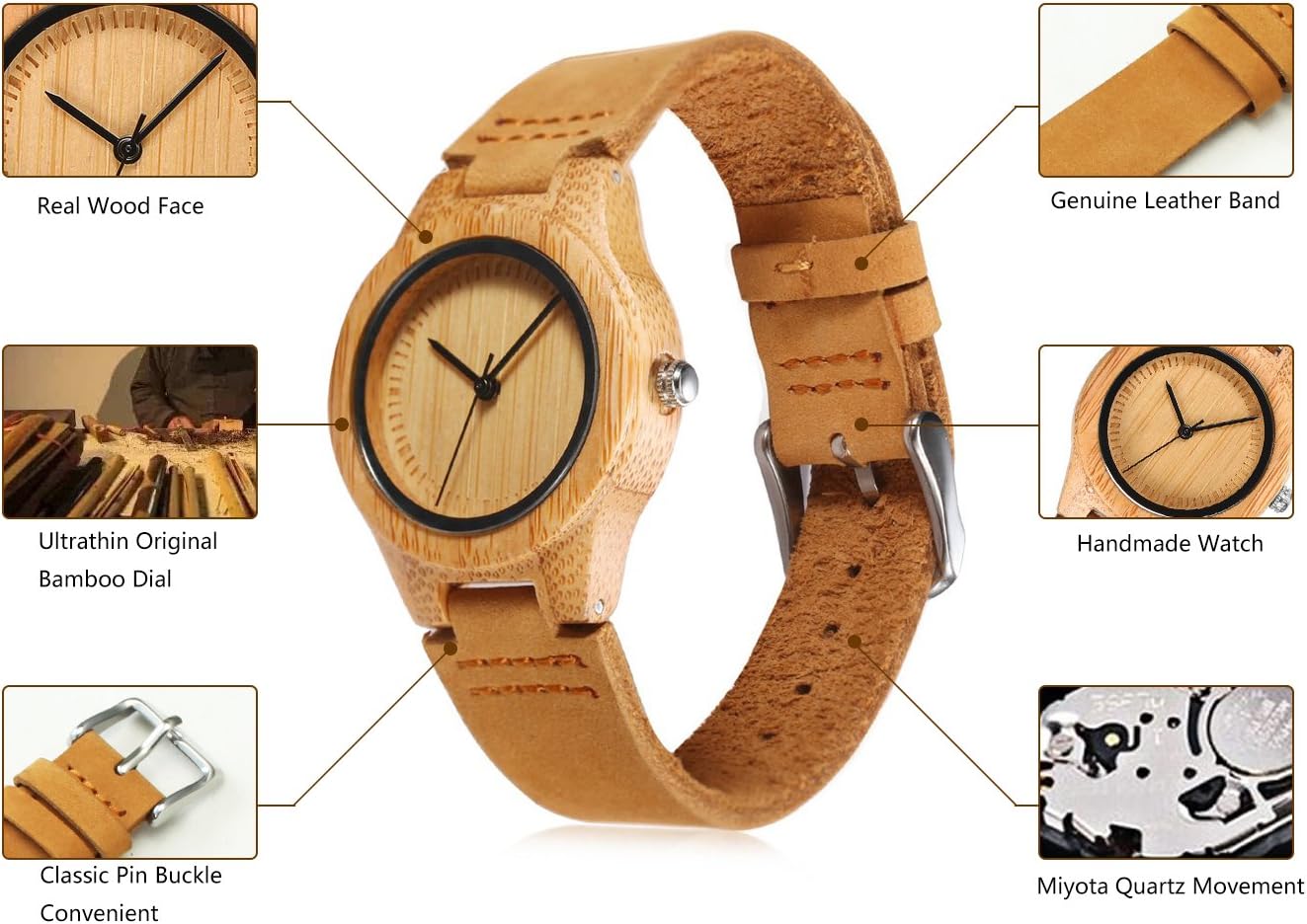 Womens Wooden Bamboo Watches Leather Strap with Gift Box image 3 of 9 B06XTQ9RRR
