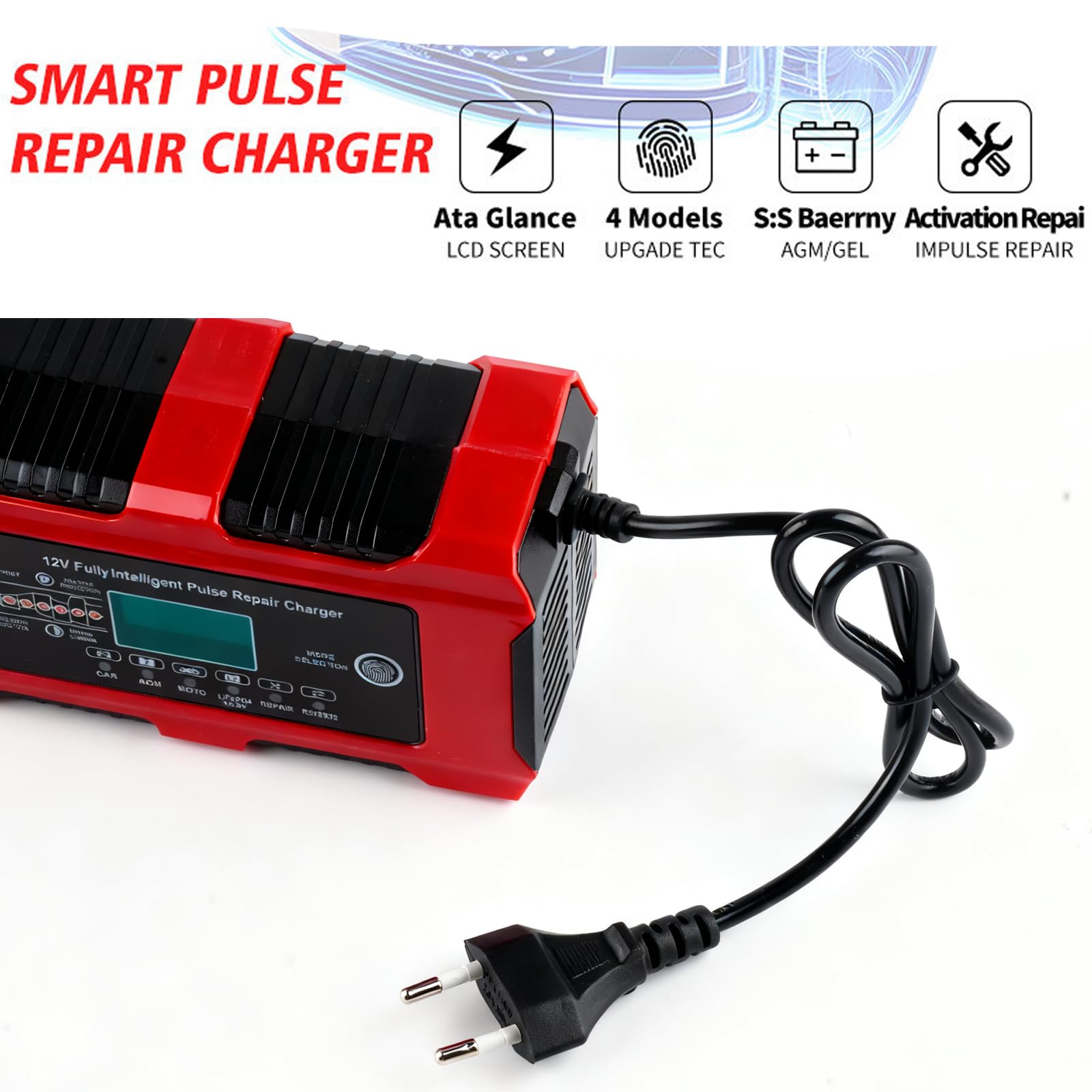 LIGBT Cargador de batería de coche 10 A, 12 V/24 V, cargador de batería inteligente totalmente automático, 7 niveles de carga con pantalla LCD, cargador de batería para coche, camión, moto