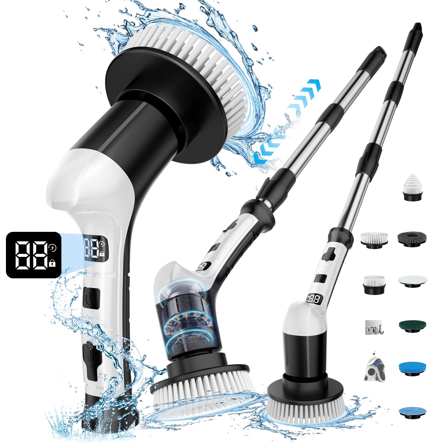 Limpiador giratorio eléctrico con 3 velocidades, mango de extensión ajustable, 8 cabezales de cepillo, cepillo de limpieza inalámbrico para baño, azulejos, cocina, color negro