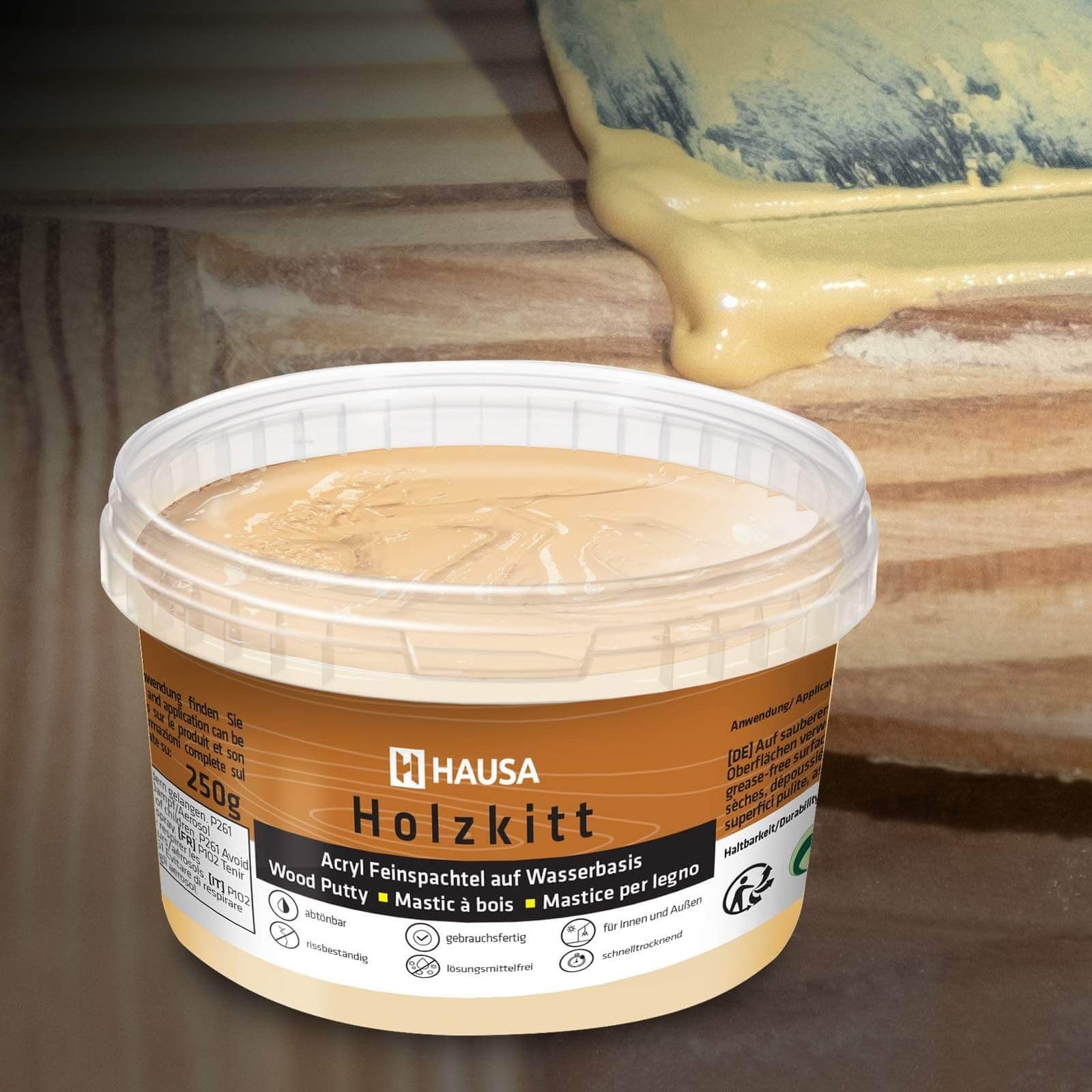 HAUSA Stucco per legno 250 g, stucco per legno di abete, kit per legno, stucco/impasto per legno per riparare danni al legno, pronto all'uso, eccellente potere riempitivo, asciugatura rapida
