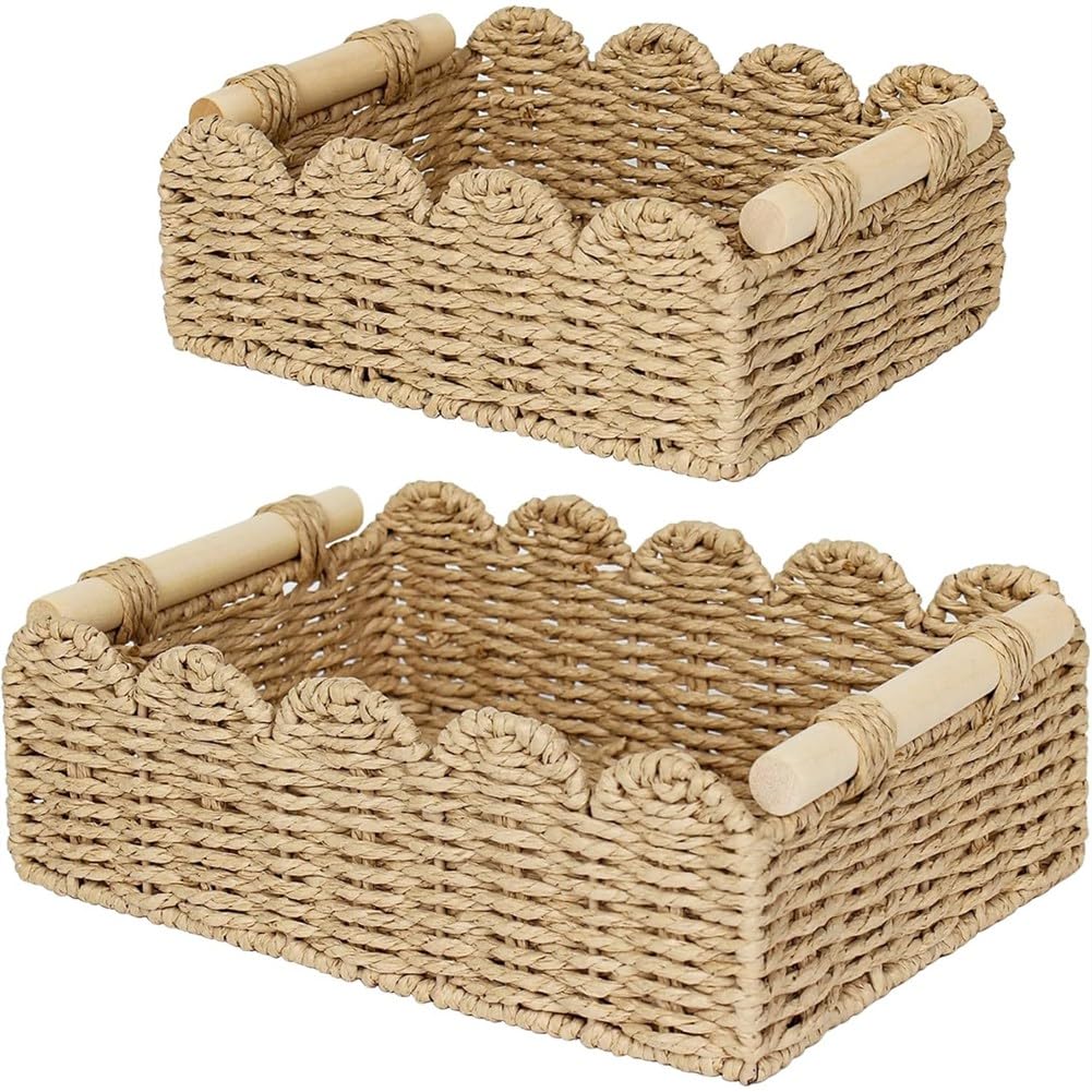 UDSKNV[KSL Scalloped Decorative Paper Rope Baskets with Wooden Handles, Toilet Paper Storage Basket for Living Room,Bathroom