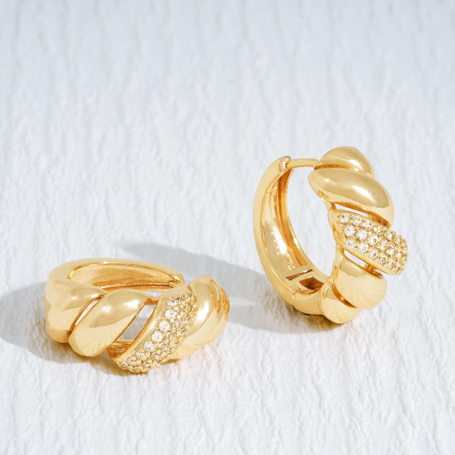 Gold Huggie Hoop Earrings 14K Gold Plated Dainty Chunky Thick Hoop Diamond Cubic Zriconia Inlay Sleeper Tiny Delicate Boho Beach Simple Hypoallergenic Jewelry Gift for Her - Image 6