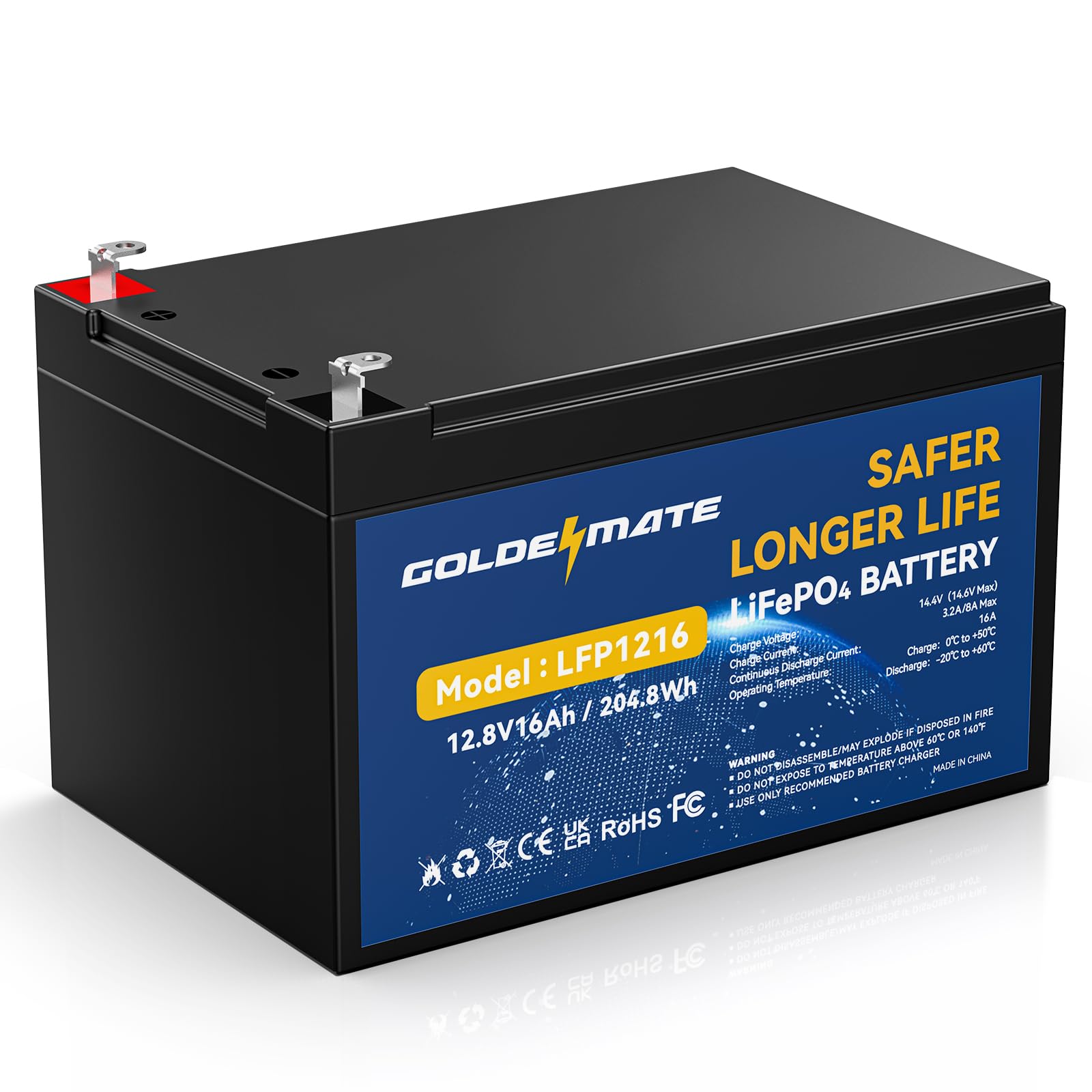 12V 16Ah LiFePO4 Battery, 12V Rechargeable Lithium Batteries with Built-in 16A BMS, 5000+ Deep Cycle, Lithium Iron Phosphate for Solar, Fish Finder, Power Wheels, Safe Camera, Ride-on Toys