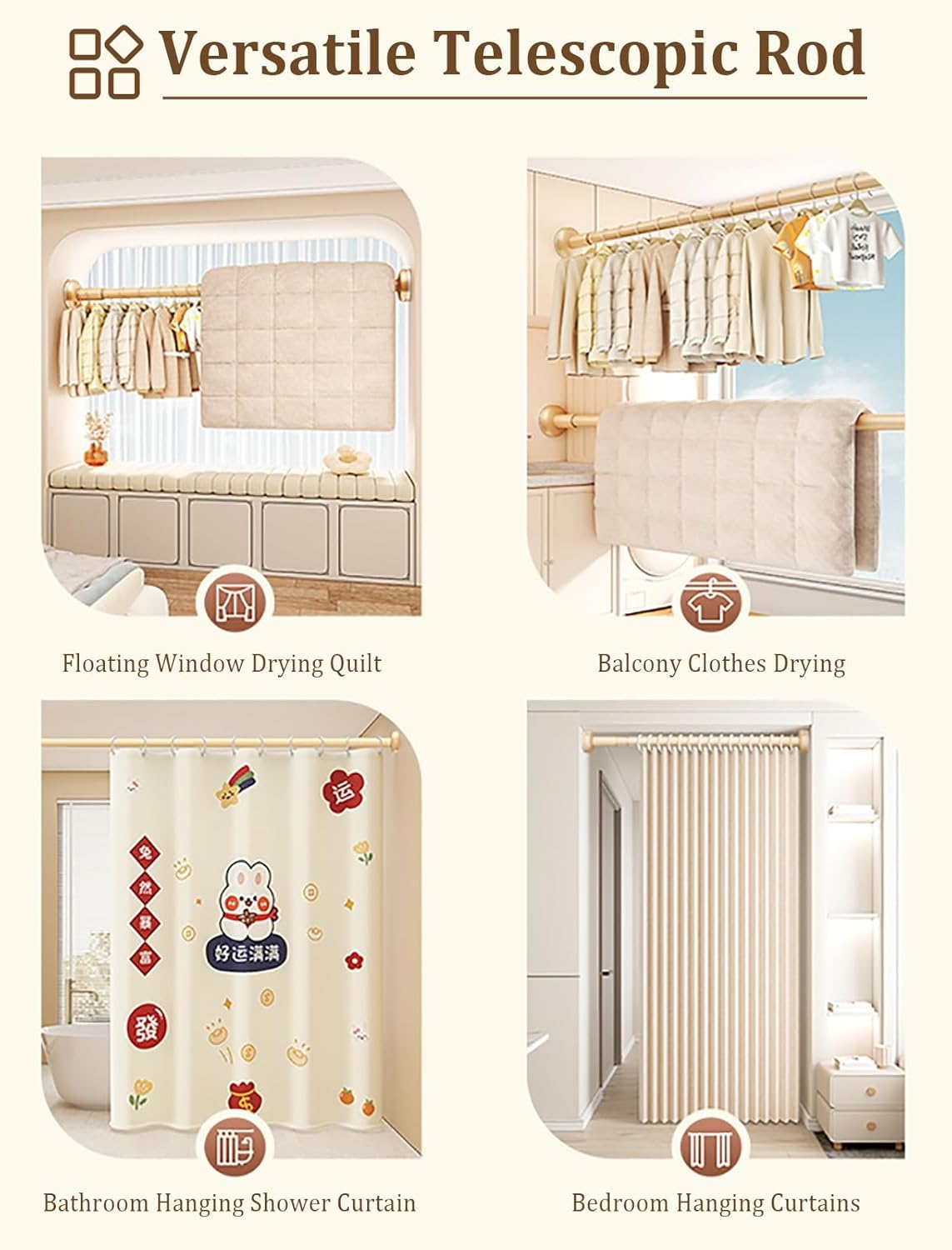 Closet Tension Rod - Adjustable No Drill Wardrobe Hanging Bar for Laundry & Hotel - Telescopic Clothing Hanger Pole with Detachable Extender