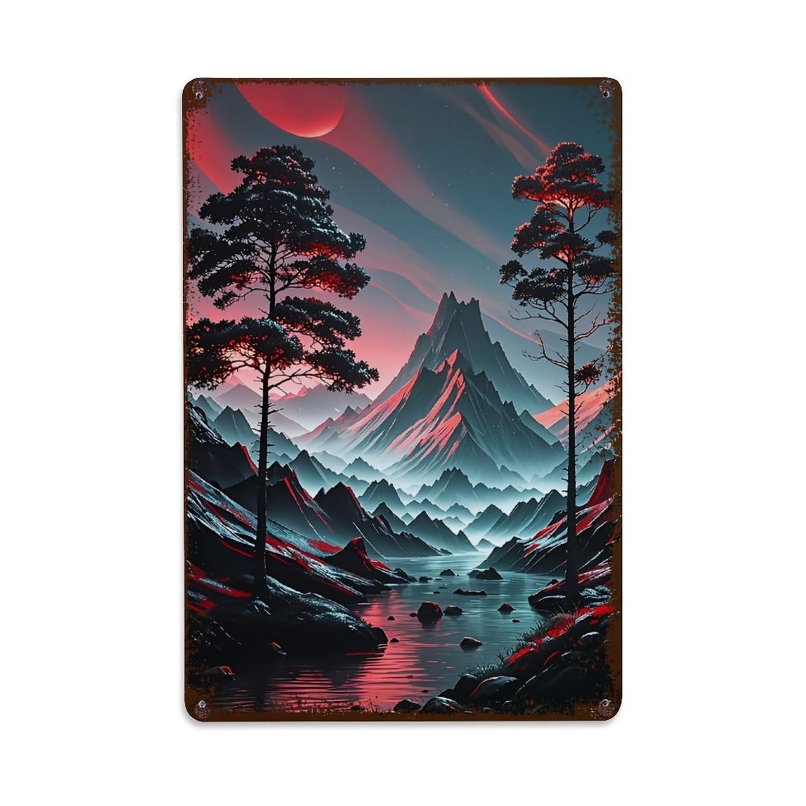 Jdyaojiesheng Vintage Mountain Lake Pine Trees Sunset Tin Sign Retro Metal Wall Decor Metal Poster, Home Bar Garage Farmhouse Cafe Wall Art Decoration 8X12inches