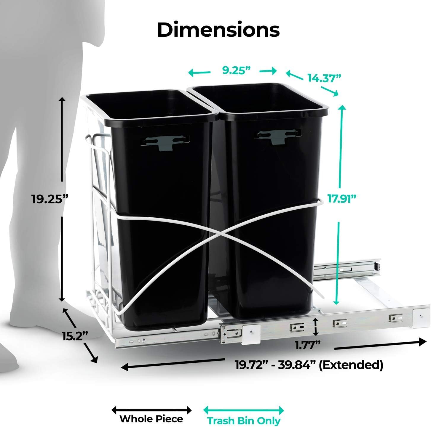 Home Zone Living 7.6 Gallon Kitchen Trash Can - Pull Out Under Cabinet Trash Bin, Dual Compartment Recycling Combo, 29 Liter