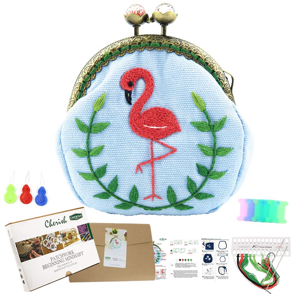 Chinese Traditional Embroidery Purse Making Kits Retro Style Handmade Bag Mini Cosmetic Bag for Woman and Girls (Flamingo)