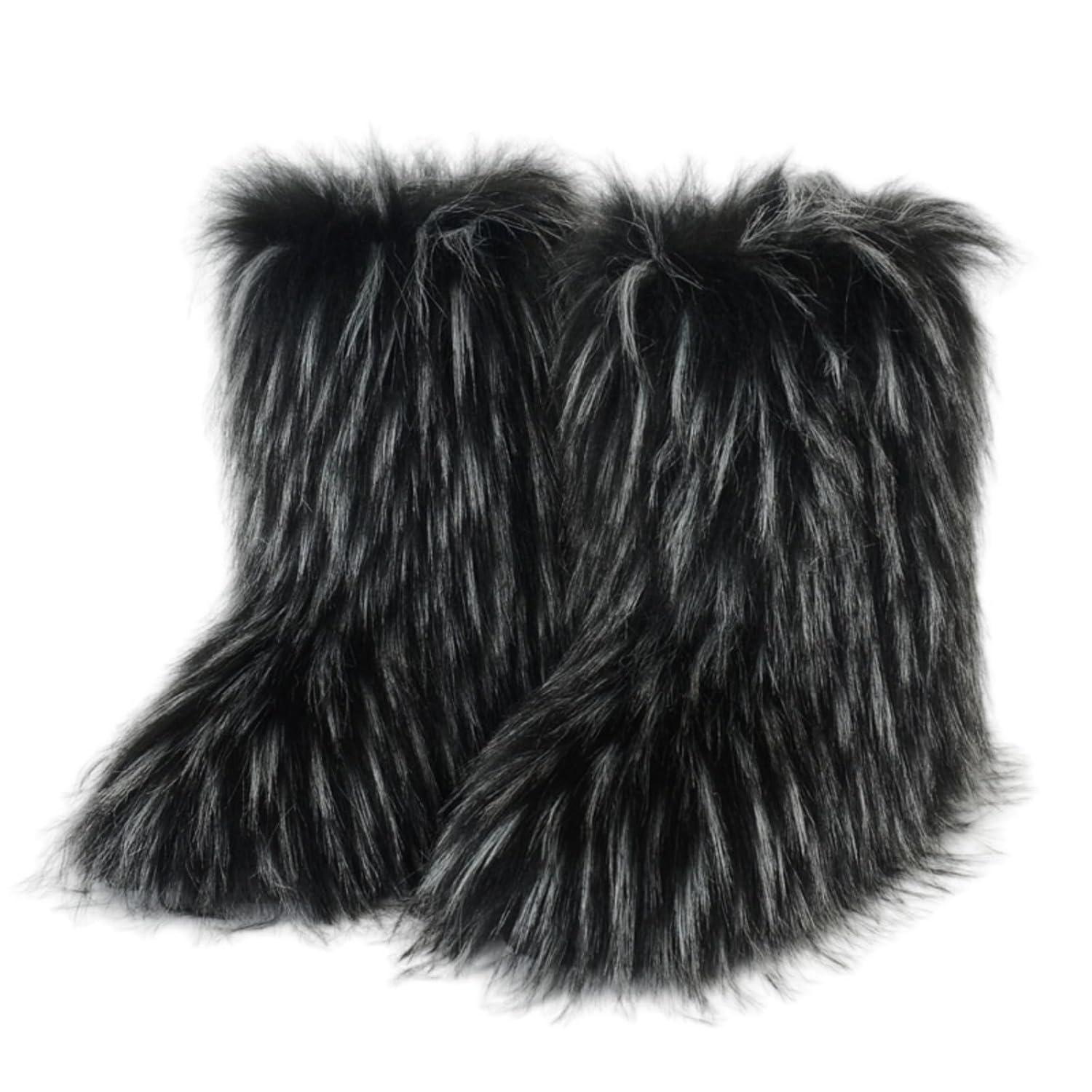 Fur Boots for Women 2025 Fuzzy Fluffy Winter Knee High Snow Boots Outdoor Indoor Warm Comfortable Mid-Calf Flat