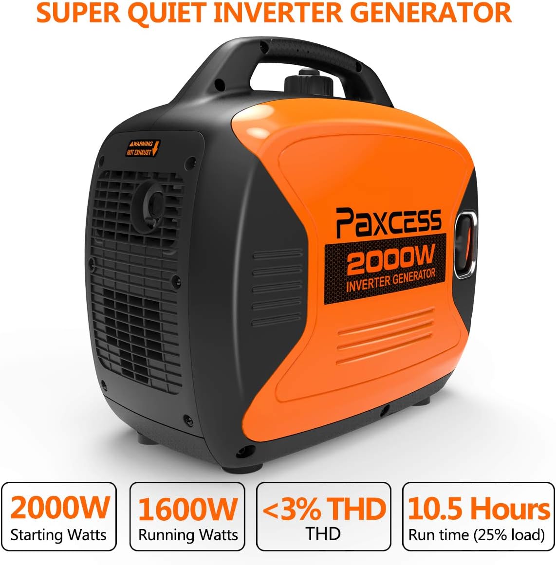 Front view of the PAXCESS P2000i generator with key specifications highlighted.