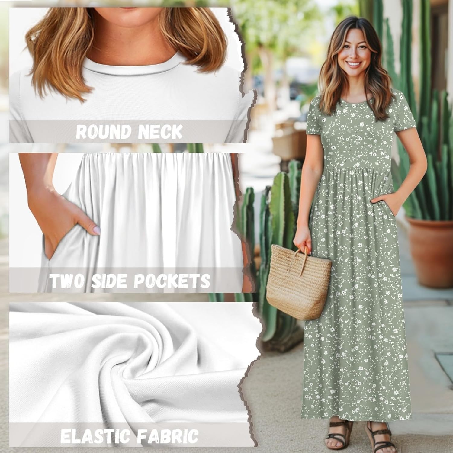 ZOCAVIA Boho Floral Maxi Dress Women Summer Crewneck Short Sleeve Tshirt Dress Flowy Swing Long Beach Dresses with Pockets
