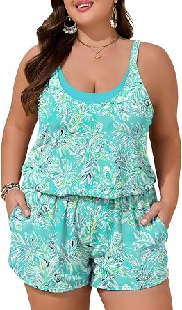 Summer Mae Plus Size Swim Romper One Piece Swimsuit for Women Bathing Suit | Double layered design,Modest full coverage swim romper with pockets,High Waist,Tummy control,Blouson,Beach,Tropical vacation