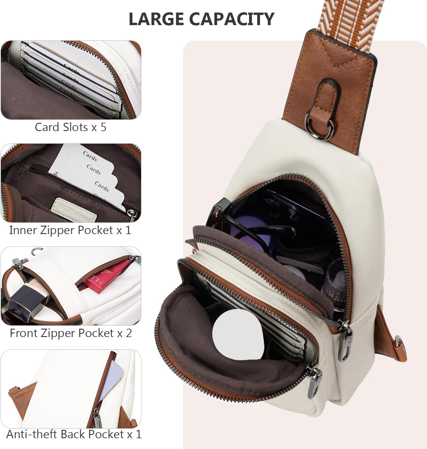 Anti-theft Sling Bag for Women, Crossbody Chest Bags, PU Leather Small Fanny Pack with Adjustable Strap, White - Image 7