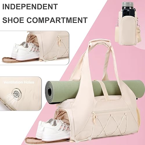 Miniatura 4 de Bolsa de gimnasio para mujer, bolsa de esterilla de yoga con compartimento para zapatos y bolsillo húmedo, bolsa de gimnasio de yoga deportiva con