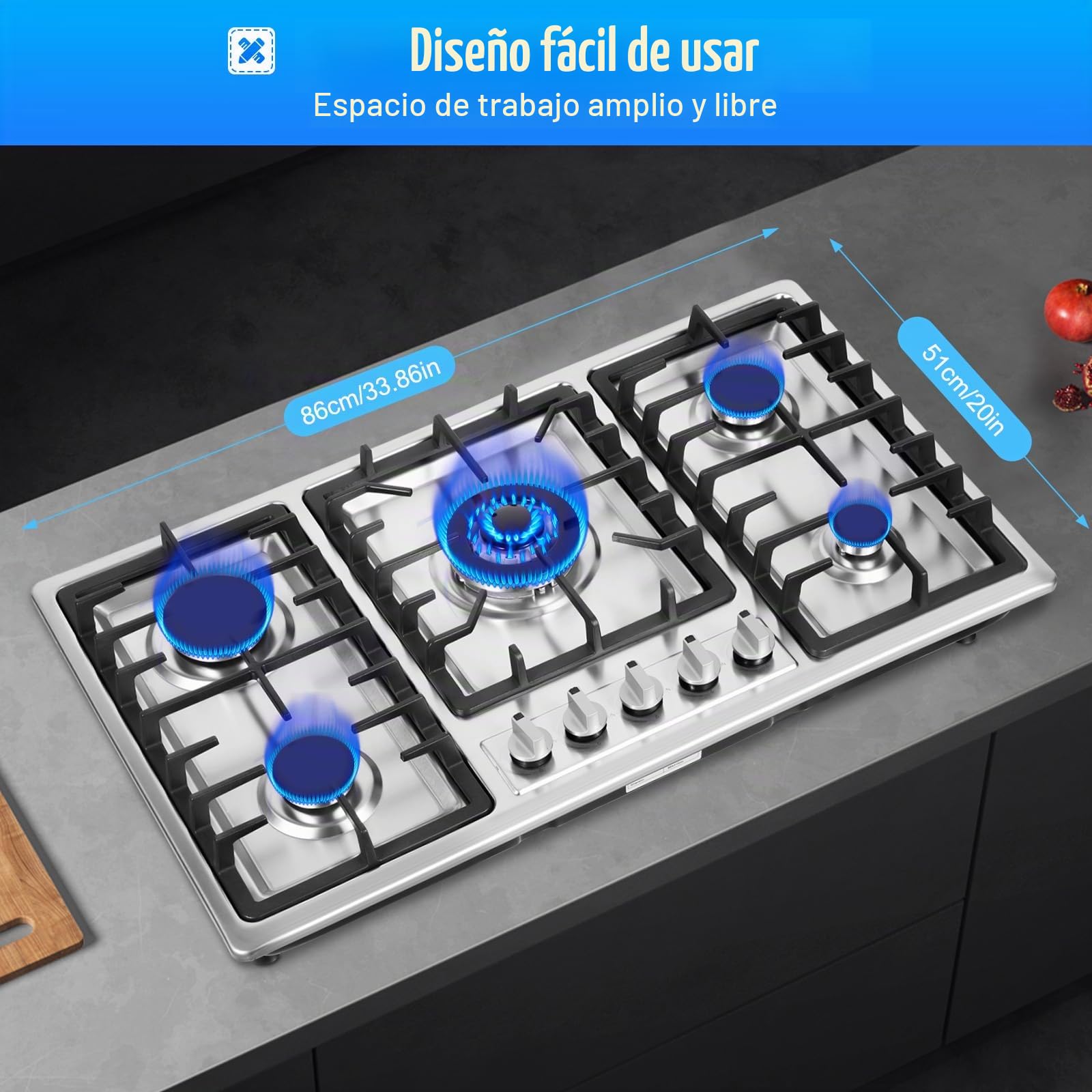 Placa de cocina de gas empotrable con 5 fuegos, acero inoxidable, 86 x 51 cm, para gas natural/propano, estufa empotrable con carcasa de acero inoxidable, para cocina y cocina comercial