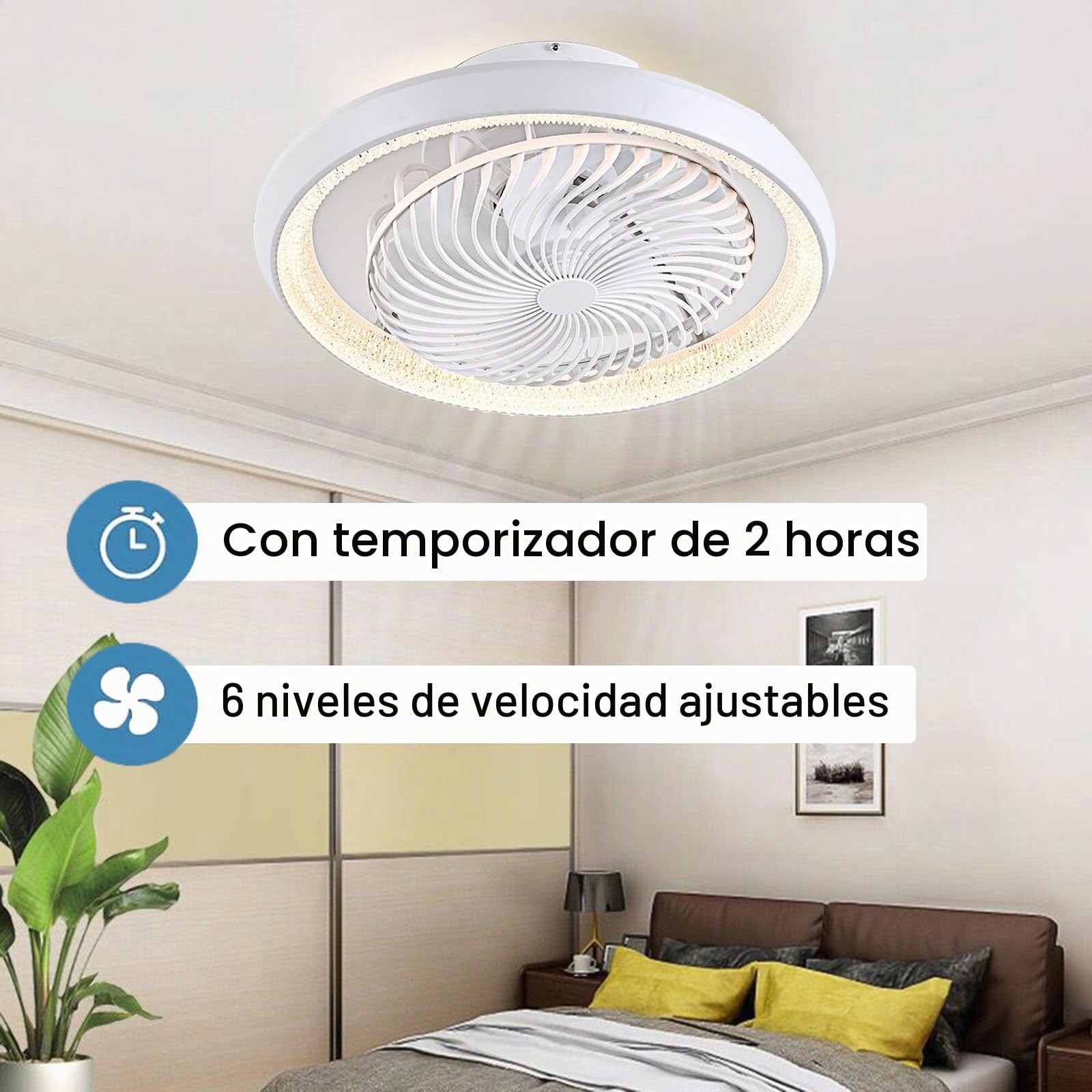 Lampara de techo ventilador silencioso, giratorio 360°, LED inteligente, con control remoto, regulable de velocidad, 72w, con función de iluminación ajustable