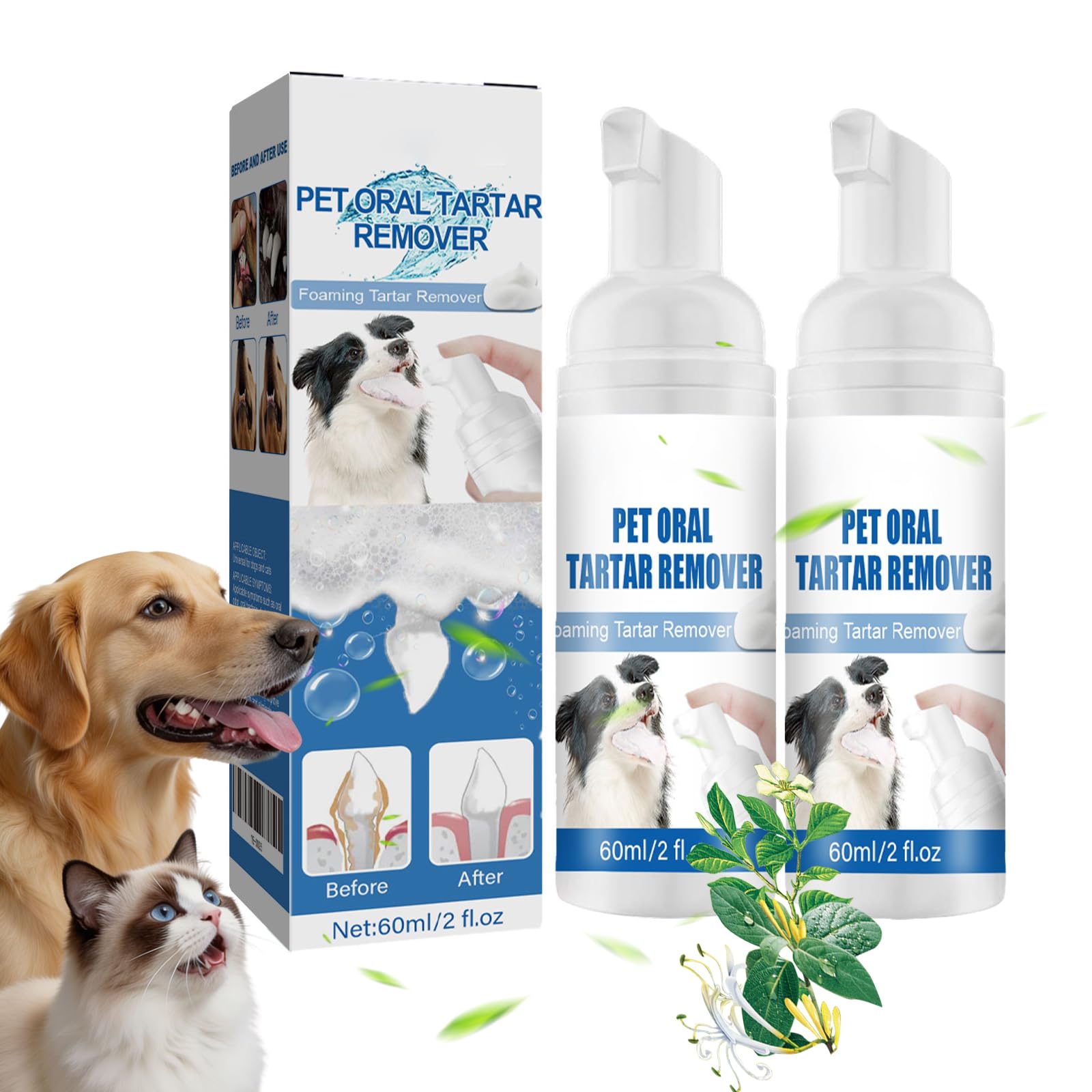 XIANGSHI Pet Dental Tartar Remover, Pet Oral Tartar Remover Spray, Oral Spray for Dogs Teeth Cleaning, Whitens Teeth, Foaming Oral Cleaner for Cats and Dogs (2Pcs)